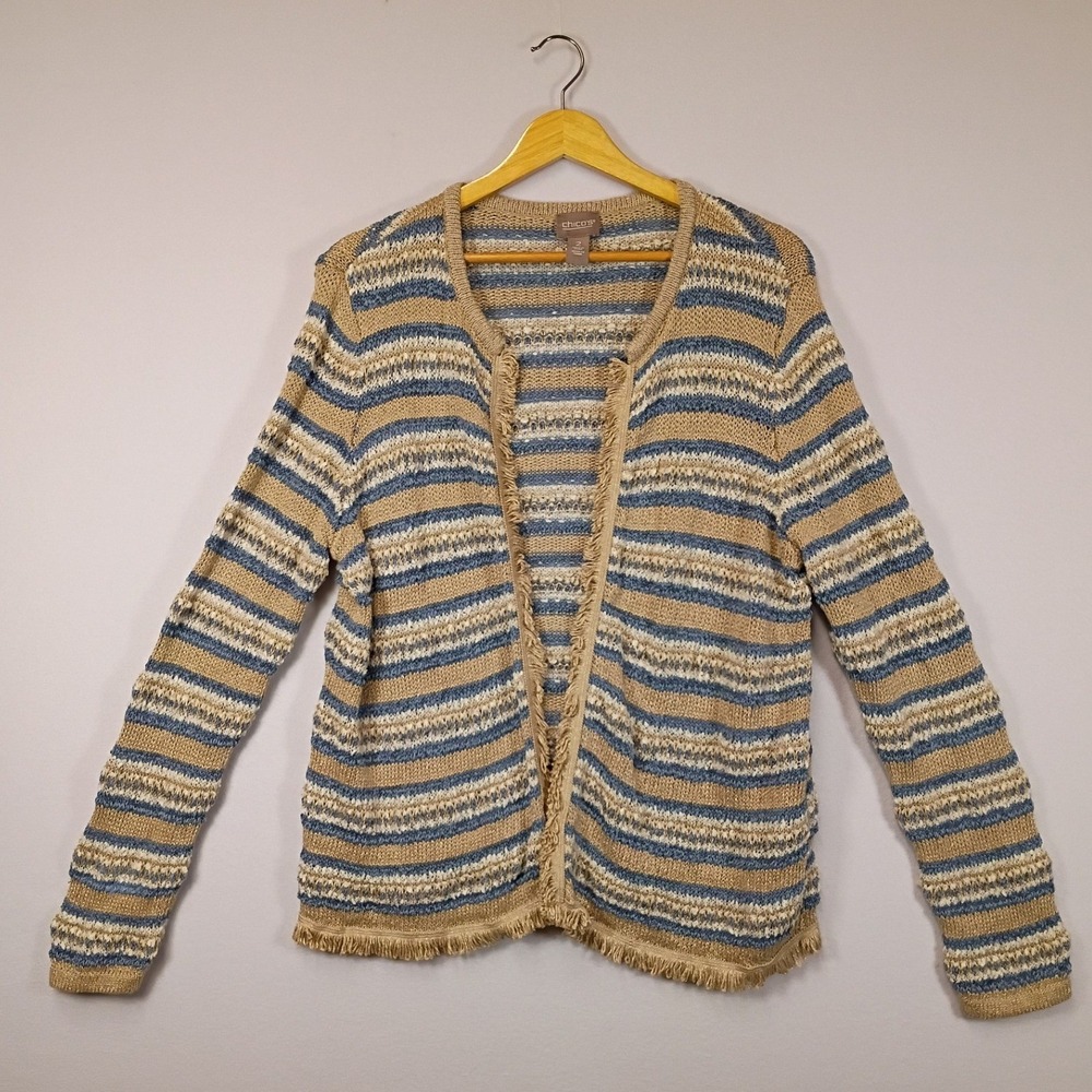 Coastal Boho Chicos Women Size 2 Large Tan Blue Striped Fringe Open Cardigan
